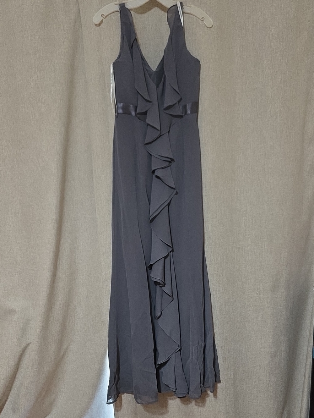 David's Bridal Slate Gray Ruffle-Front Maxi Dress